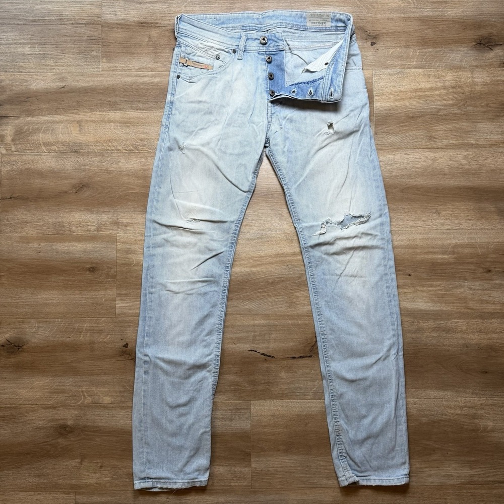 Diesel Belther Jeans Men 28x32 Blue Slim Tapered Stretch Light Wash Thrashed